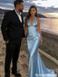 Sexy Ice Blue Satin Mermaid Prom Dress Elegant Ruched Halter Neck Formal Gown,OLP2160