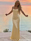 Beautiful Pastel Yellow Silk Slip Dress with Fancy Pearl Straps for Prom Night,OLP1960