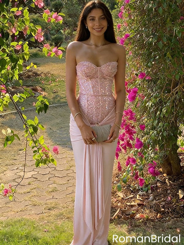 Fancy Pink Strapless Sequin Corset Formal Dress with Elegant Draped Skirt,OLP1989