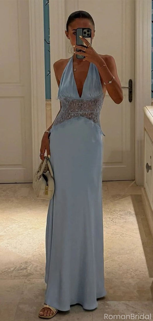 Modern Halter Prom Gown Sexy Lace Waist Sleeveless Satin Formal Maxi,OLP1833