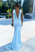 Elegant V-neck Tie-Shoulder Light Blue Satin Mermaid Prom Dress,OLP2163
