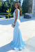 Elegant V-neck Tie-Shoulder Light Blue Satin Mermaid Prom Dress,OLP2163