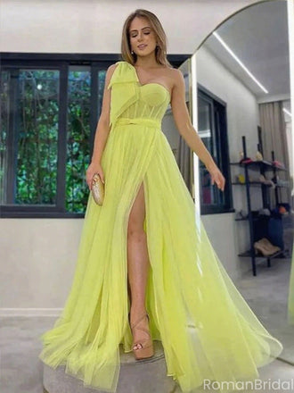 Unique Yellow One-Shoulder A-Line Side Slit Long Prom Dress Ideas, Evening Party Dresses, OLP1341