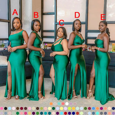Mismatched Mermaid One Shoulder Side Slit V-neck Emerald Satin Long Bridesmaid Dresses Online , BG666