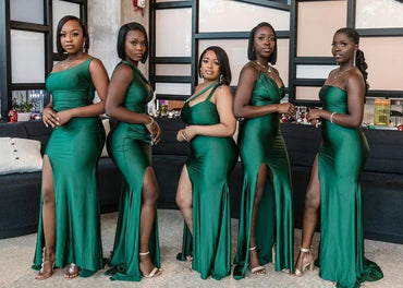 Mismatched Mermaid One Shoulder Side Slit V-neck Emerald Satin Long Bridesmaid Dresses Online , BG666