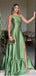 Fancy Green One-Shoulder Prom Dress Satin Pleated Sleeveless A-Line Ruffle Gown,OLP1834