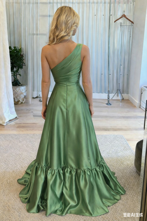 Fancy Green One-Shoulder Prom Dress Satin Pleated Sleeveless A-Line Ruffle Gown,OLP1834