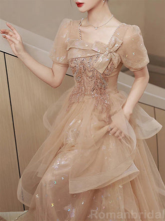 Elegant Short Sleeves A-line Tulle Champagne Evening Prom Dress Online, OL077