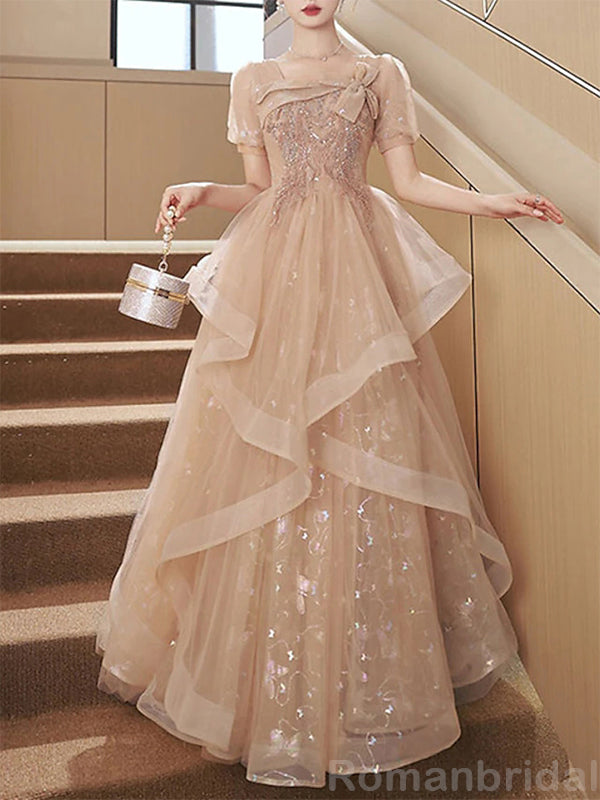 Elegant Short Sleeves A-line Tulle Champagne Evening Prom Dress Online, OL077