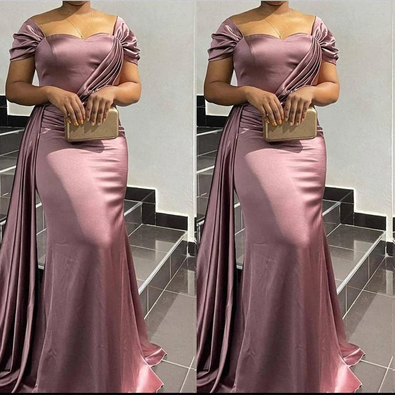 Elegant Mermaid Off Shoulder Dusty Rose Satin Long Bridesmaid Dresses with Trailing , BG668