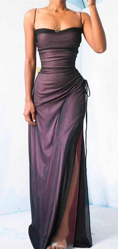 Charming Spaghetti Straps Mermaid Purple Side Slit Long Evening Prom Dress Online, OL053