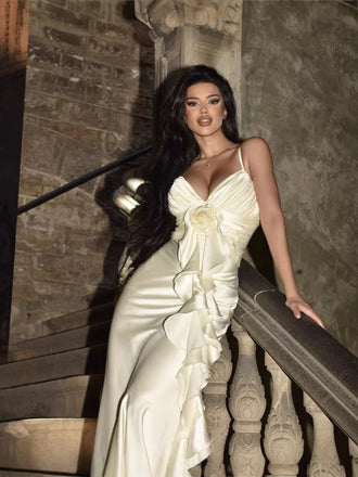 Elegant White Spaghetti Strap Mermaid Floral Long Prom Dress Ideas, Evening Party Dresses, OLP1343