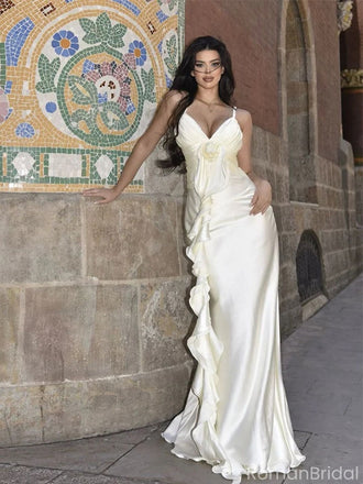 Elegant White Spaghetti Strap Mermaid Floral Long Prom Dress Ideas, Evening Party Dresses, OLP1343