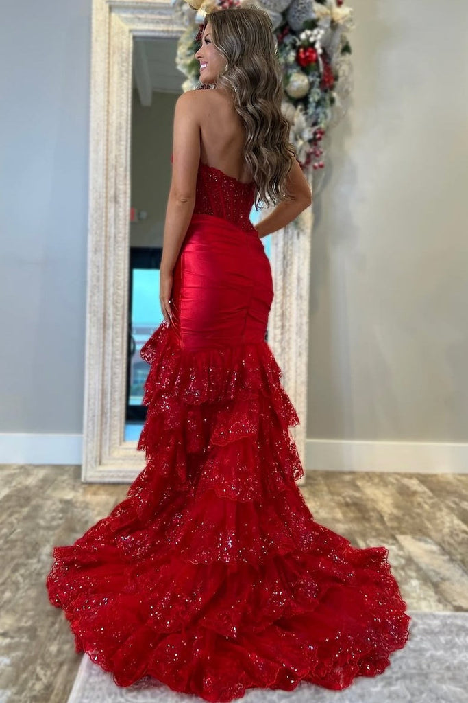Gorgeous Red Sweetheart Mermaid Side Slit Long Prom Dress Ideas, Evening Party Dresses ,OLP1165