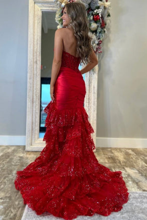 Gorgeous Red Sweetheart Mermaid Side Slit Long Prom Dress Ideas, Evening Party Dresses ,OLP1165