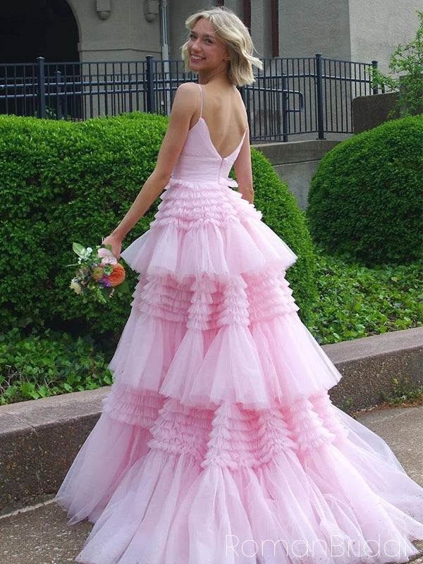 Formal Spaghetti Strap Sleeveless A-line Tulle Evening Prom Dresses Online, OLP995