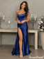 Sexy Royal Blue Satin Corset Prom Dress Strapless High Slit Evening Gown,OLP2455