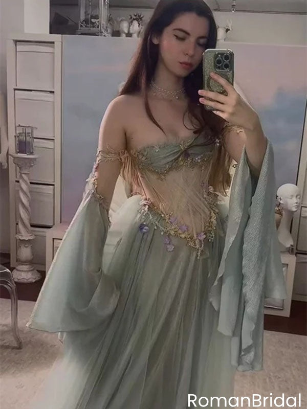 Ethereal Sage Green Fairy Prom Dress Off-Shoulder Corset Tulle Evening Gown,OLP2022