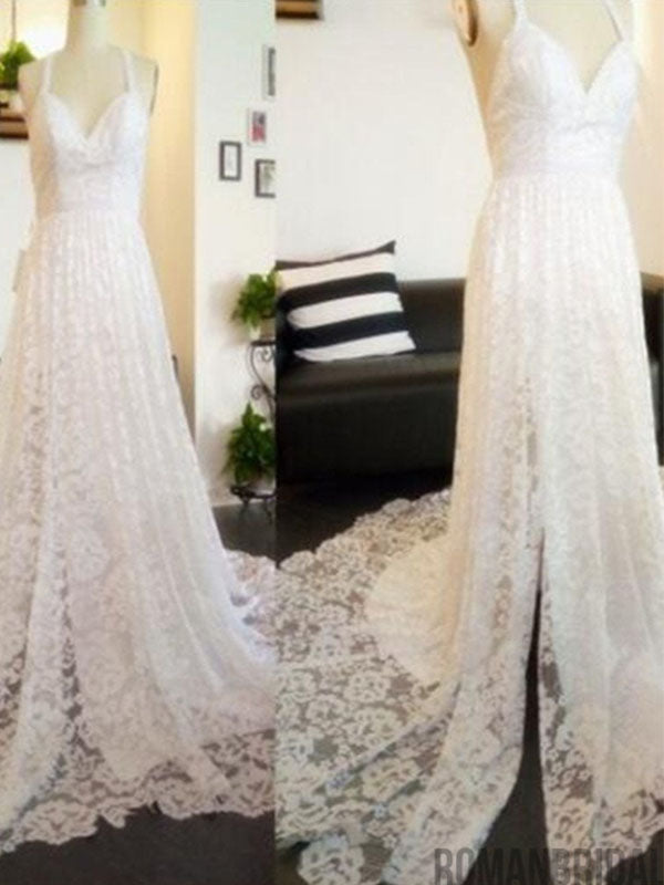 Charming Lace Long A-line Fashion Spaghetti Straps Wedding Dress, New Unique Design Bridals Dresses,  PD0309