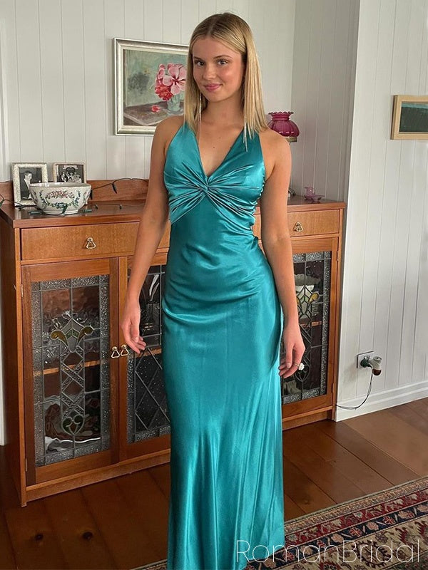 Sexy V-neck Sleeveless Mermaid Satin Evening Prom Dresses Online, OLP817