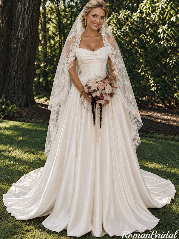Pretty Ivory Sleeveless Ruched Corset Satin Wedding Dresses,WD0672