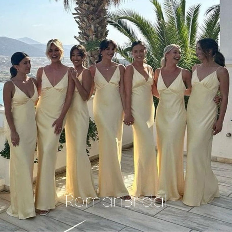 Soft V-neck Sleeveless Mermaid Satin Bridesmaid Dresses Online, BG835