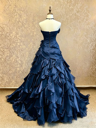 Navy Blue Prom Dress Strapless Sweetheart Ruffle Tiered Chiffon Ball Gown Floor Length,OLP2265