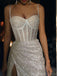 Sparkly Spaghetti Straps Mermaid White Long Evening Prom Dress with Side Slit, OL060