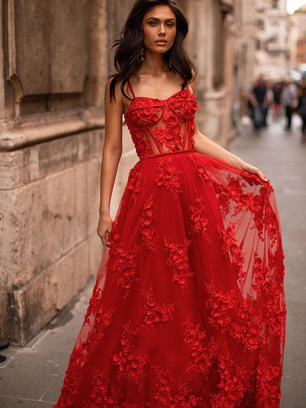 Red Appliques Tulle Spaghetti Strap See Through Evening Party Long Prom Dresses,OLP1725