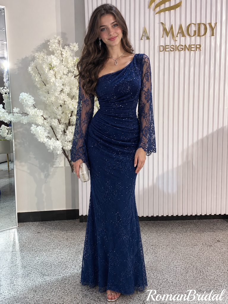 Pretty Navy Blue Lace One Shoulder Long Sleeve Mermaid Prom Dress,OLP250