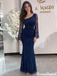 Pretty Navy Blue Lace One Shoulder Long Sleeve Mermaid Prom Dress,OLP250