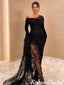 New Arrival Sexy Long Sleeves Mermaid Black Lace Prom Dress with Side Slit, OL017