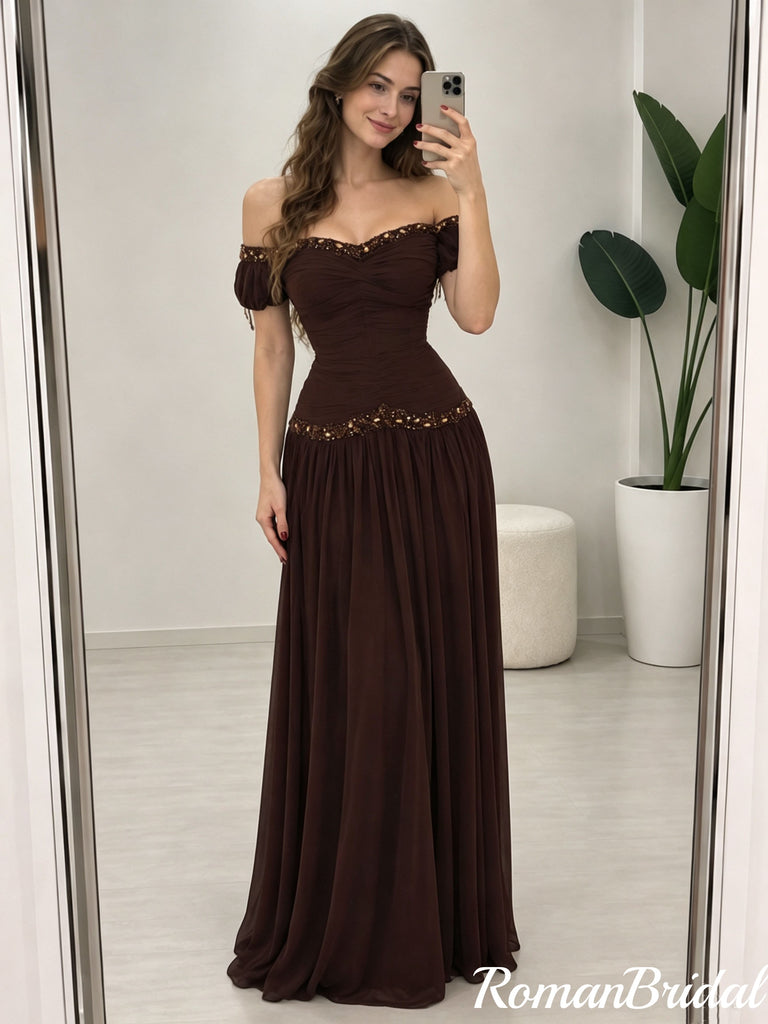 Classy Brown Off-Shoulder Ruched Chiffon Prom Dress Unique Beaded A-Line Gown,OLP2403