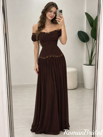 Classy Brown Off-Shoulder Ruched Chiffon Prom Dress Unique Beaded A-Line Gown,OLP2403