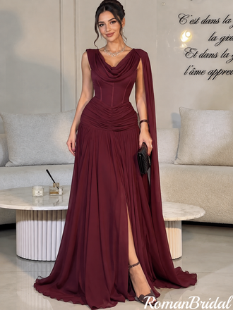 Stunning Burgundy Chiffon Cowl Neck Sleeveless A-Line Long Prom Dress,OLP2424