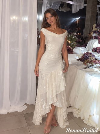 Classy Ivory Cowl Neck Off Shoulder Floral High Low Prom Dress,OLP2493