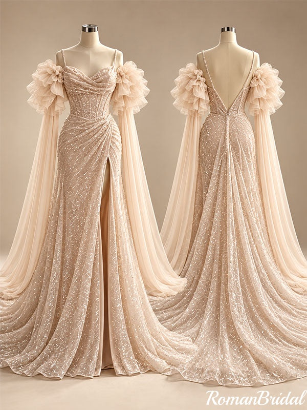 Glam Sequined Mermaid Prom Dress Detachable Ruffle Sleeves,OLP2507