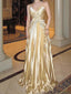 Shiny Spaghetti Strap V-neck Sleeveless A-line Satin Gold Long Prom Dresses Online, OL589