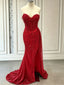 Sexy Red Sequin Mermaid Prom Dress Strapless High Slit Floor Length Evening Gown,OLP2277