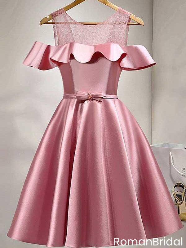 Pretty Dusty Pink Cold Shoulder Homecoming Dress Short A-Line Satin Ruffle Gown,HD1229