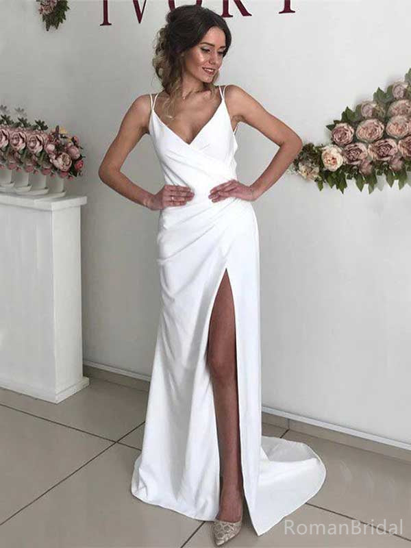 Sexy V-neck Sleeveless Mermaid Crepe Long Prom Dresses With Slit Online, OL467