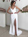 Sexy V-neck Sleeveless Mermaid Crepe Long Prom Dresses With Slit Online, OL467