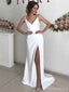 Sexy V-neck Sleeveless Mermaid Crepe Long Prom Dresses With Slit Online, OL467