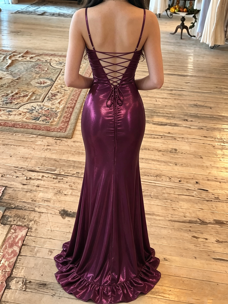 Stunning Purple Ruched Bodycon Prom Dress Spaghetti Straps Unique Party Gown,OLP2398