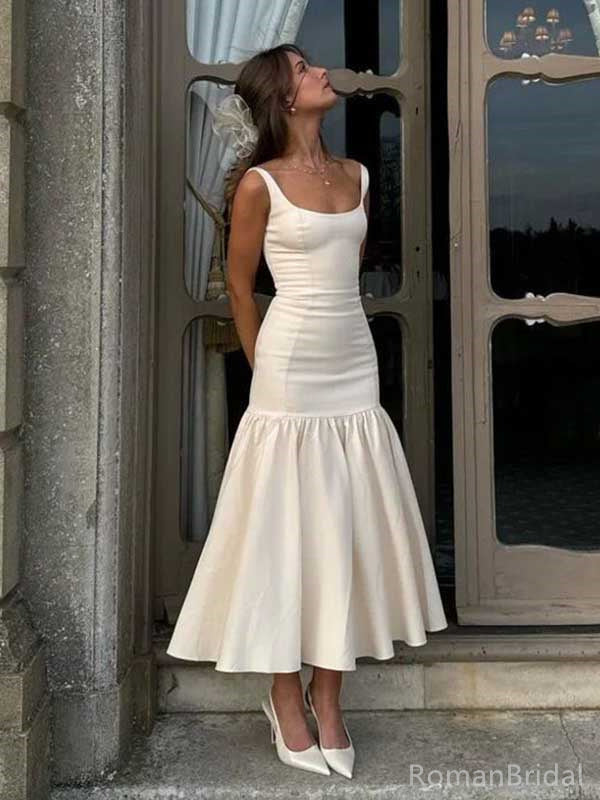 Formal White Scoop Sleeveless Mermaid Satin Long Prom Dresses Online, OL491