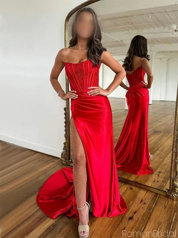 Sexy Sweetheart Mermaid Satin Red Long Prom Dresses With Front Slit For Party Online, OL335