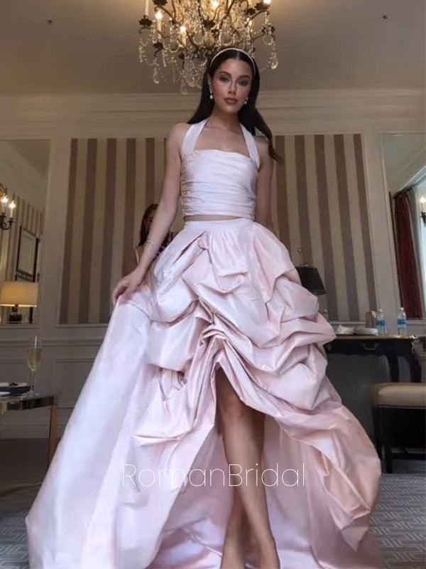 Formal Halter Sleeveless A-line Satin Long Prom Dresses Online, OLP611