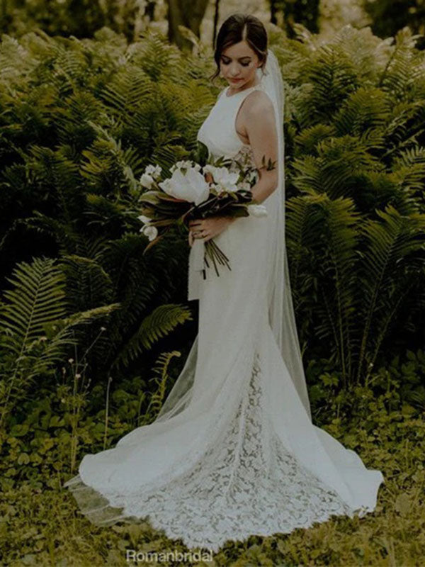 Round Neck Sleeveless Lace Back Wedding Dresses With Train, WD0441