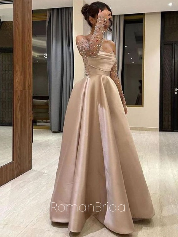 Elegant Sweetheart Full Sleeve A-line Satin Long Prom Dresses Online, OLP591