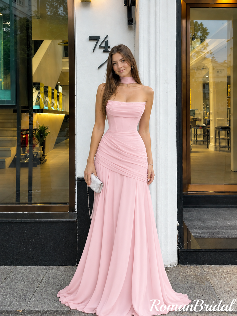 Pretty Pink Strapless Ruched Chiffon Floor-Length Prom Dress,OLP2489